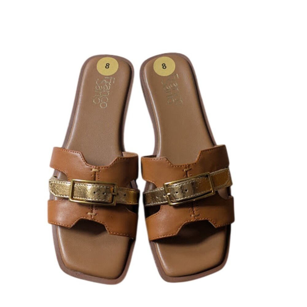 Franco Sarto Womens Cognac H Band Slide Sandals w/Gold Buckle Accent Size 8 NWOB